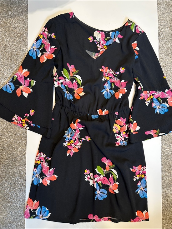 a new day Dresses & Skirts - A New Day Black Floral V-Neck Bell Sleeve Dress with Pink, Blue & Orange Blooms
